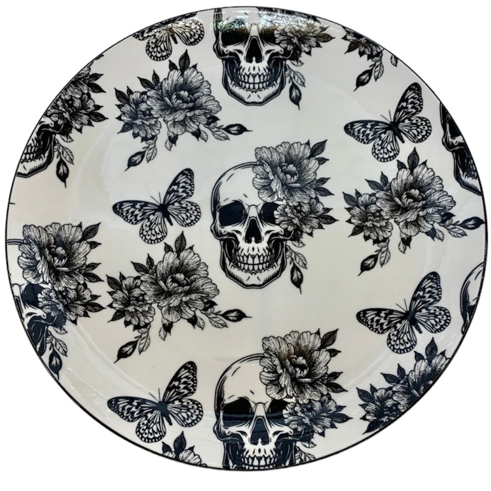 Set of 4 Zrike Halloween Dinner Plates Gothic Floral Butterfly Skull New